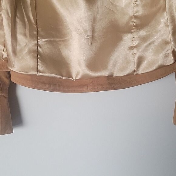 NEW INC Suede P 0 Leather Brown Tan Camel Ruffle Blazer Fitted Boho Jacket Bell - Picture 15 of 16